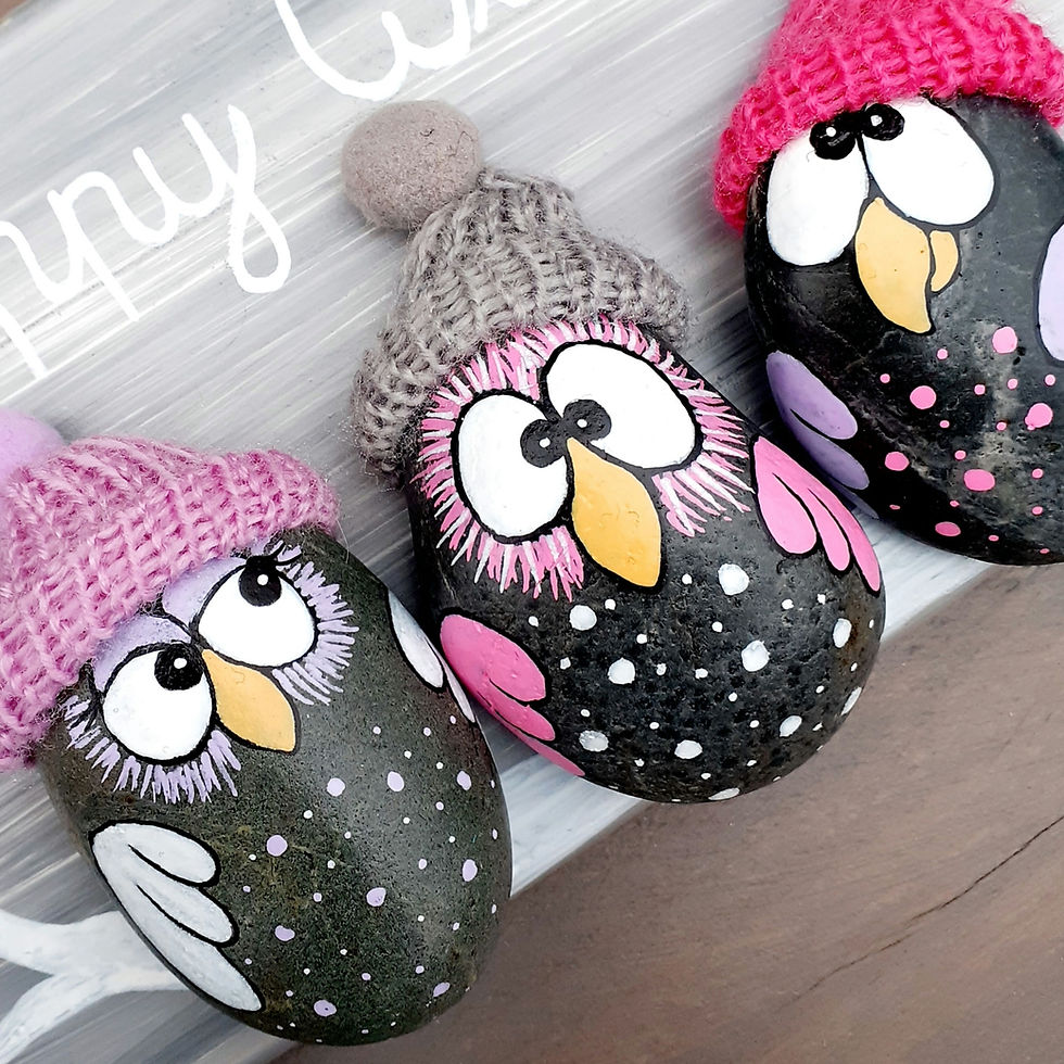 Miniaturbild: Winterl. Türschild Happy Winter, Eulen auf Stein + Strickmütze, ca 30x14