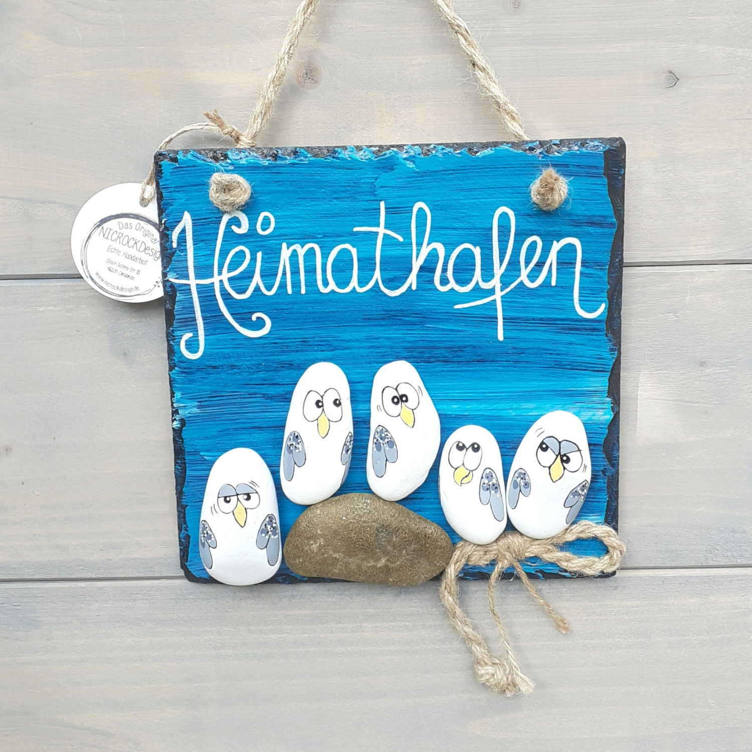 Deko-Schild, Heimathafen, Möwen auf Stein gemalt, Jute