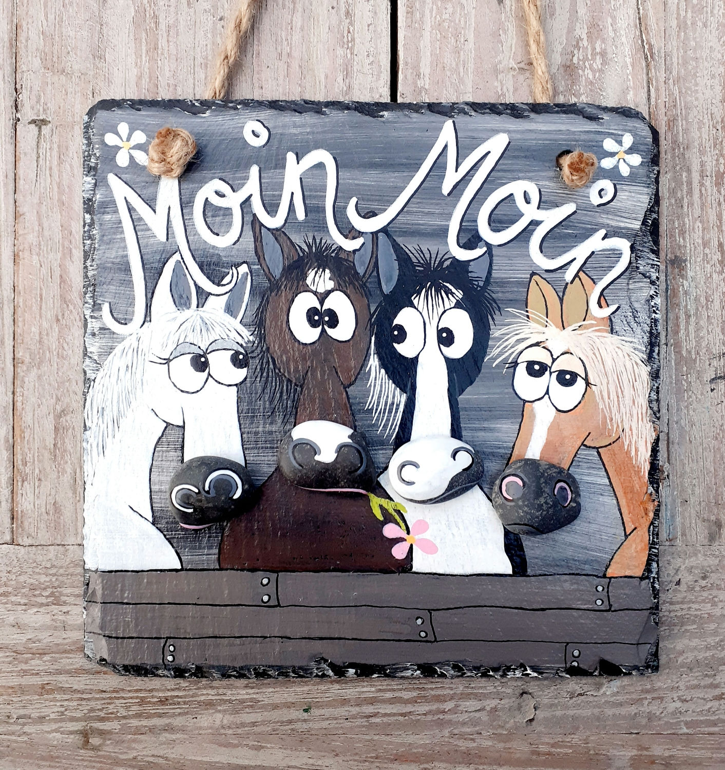 Schönes Türschild aus Schiefer "Moin Moin" mit 4 Pferden