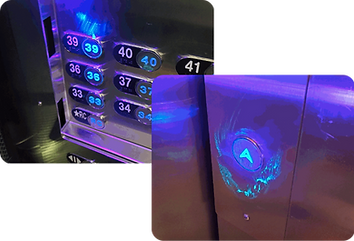 Image montrant des traces après l’application d’un marqueur invisible sur certaines surfaces, puis vérification sous une lampe UV après le nettoyage.