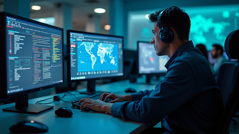 High angle view of a cybersecurity operations center monitoring healthcare data