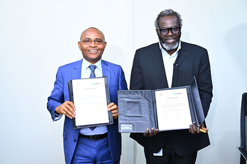 (L-R) John Mathenge, Regional Managing Director, Viaservice Limited and Tito Okuku, Eastern Africa Area Managing Director, Maersk, during the signing of a partnership between Viaservice Limited and Maersk enabling shippers to forgo cash deposits for shipping containers, freeing up working capital. The agreement is expected to ease cash flow constraints for shippers and freight forwarders, streamlining container logistics and supporting more efficient trade in East Africa.