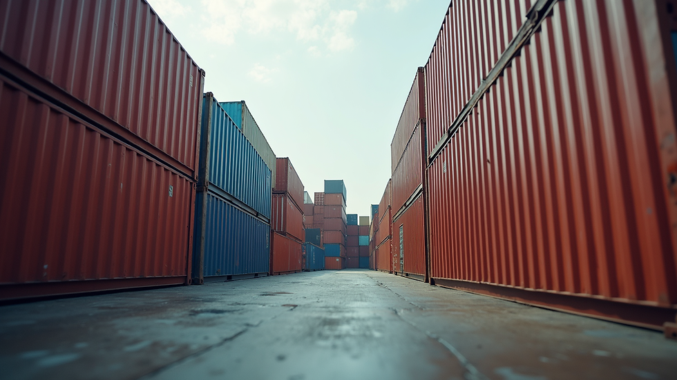 Eye-level view of a large shipping container yard with stacked containers