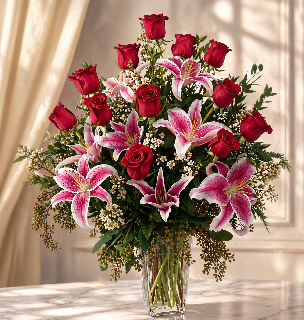 red roses and red and white lilies in a vase