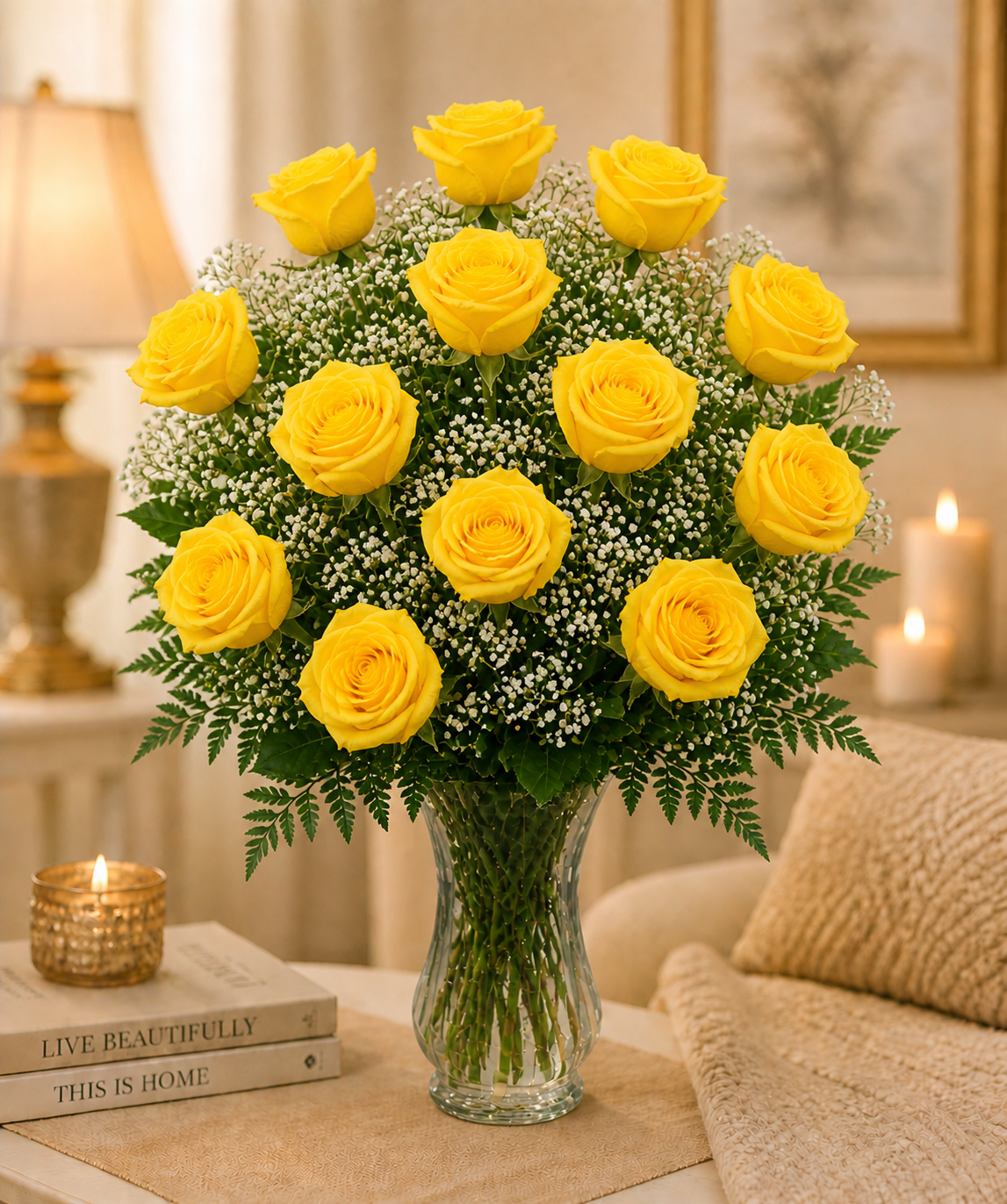 dozen yellow roses and small white flowers