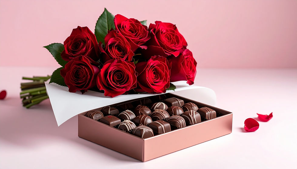 box of chocolates next to red roses