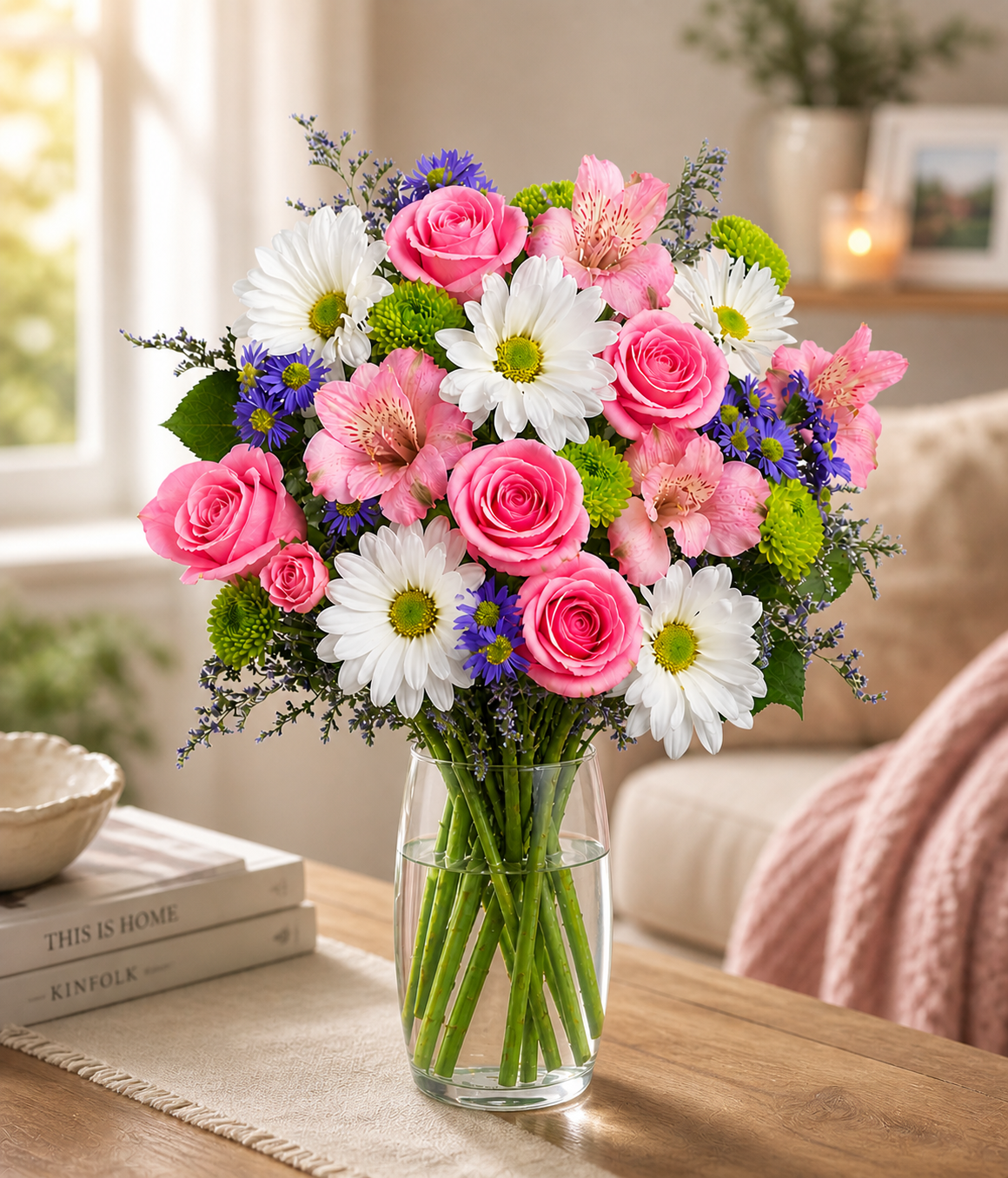 Pink roses with white daisies flowers in a vase