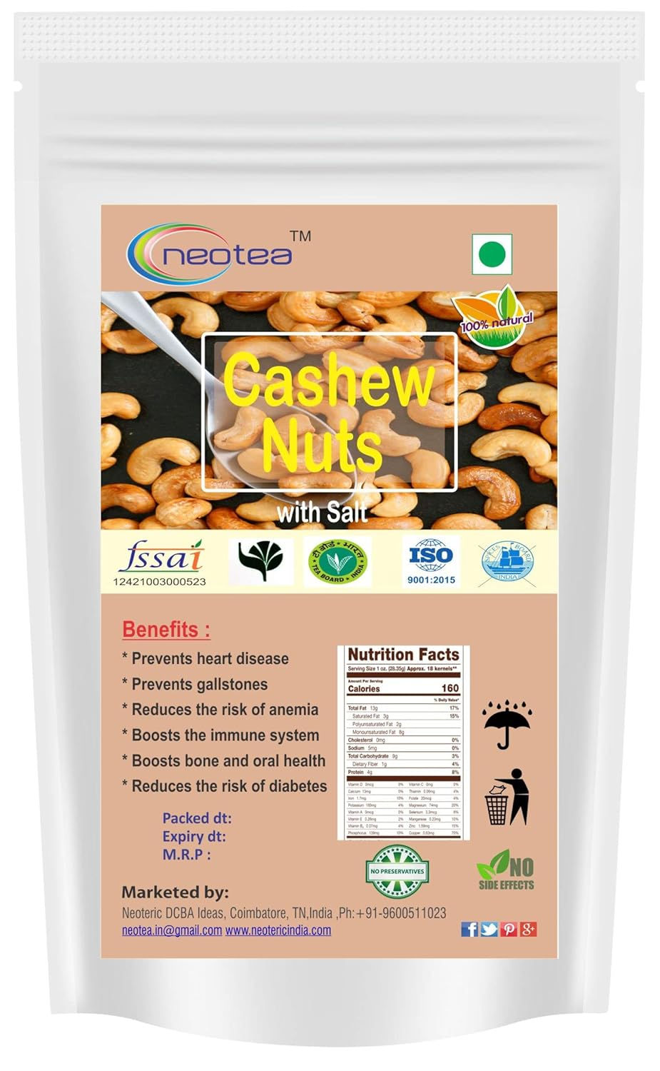 Neotea Roasted & Salted Cashew Nuts Fresh & Crunchy Kaju Gluten Free Plant-250GM