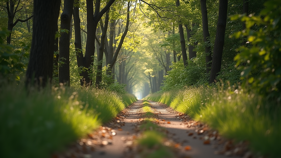 Eye-level view of a serene nature path surrounded by trees