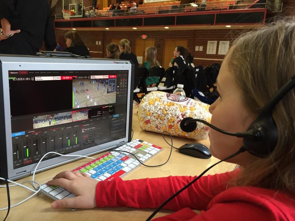 Our youngest, Lizzie (age 8), took her turn running the video production switcher during the Union College Invitation Basketball Tournament 2015. My husband, Wrangler Ryan, was short staffed, so we all pitched in to help.