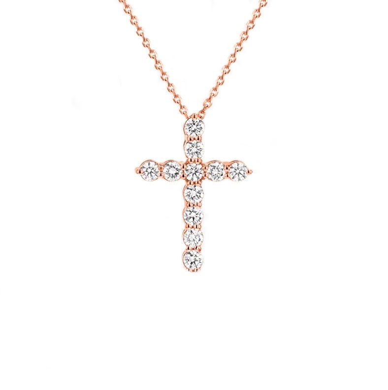 Thumbnail: 14kt Gold  Round Diamond Medium Cross Pendant With Chain (1.74ctw)