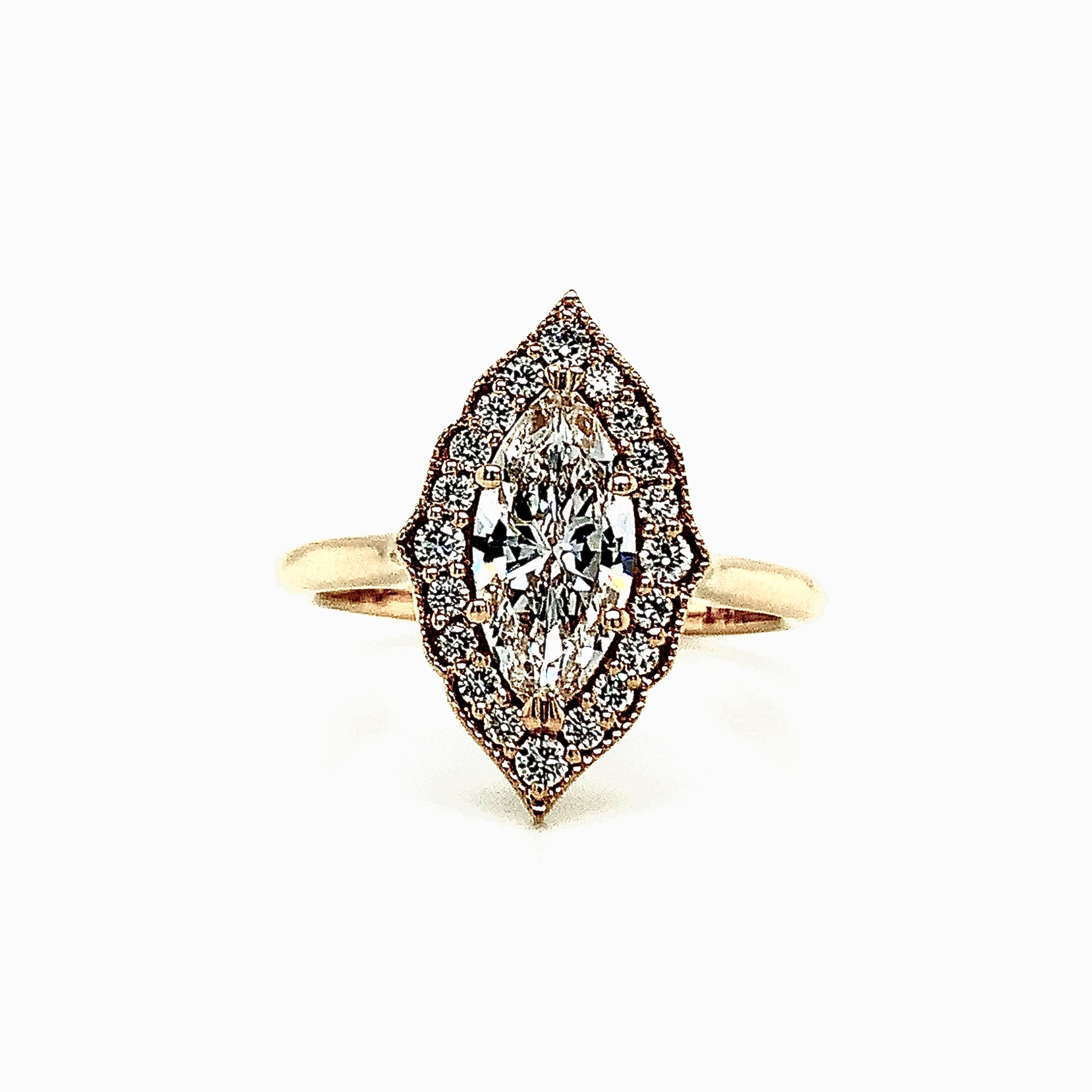14kt Yellow Gold Ladies 0.90ctw Round and Marquise Cut Halo Diamond Ring