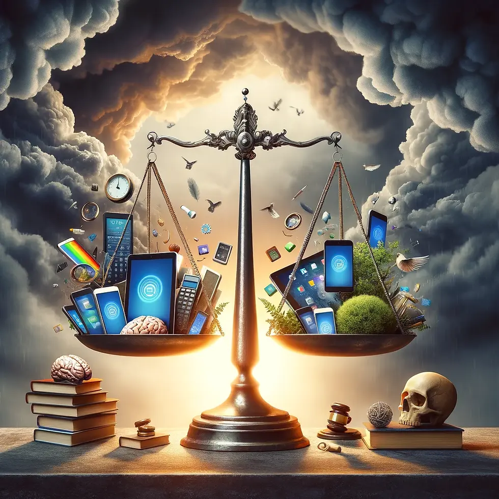 Imagem representando o equilíbrio entre a vida digital e o bem-estar, com uma balança mostrando dispositivos digitais de um lado e símbolos de saúde mental e crescimento do outro, sob nuvens tempestuosas, simbolizando os desafios e riscos da era digital.