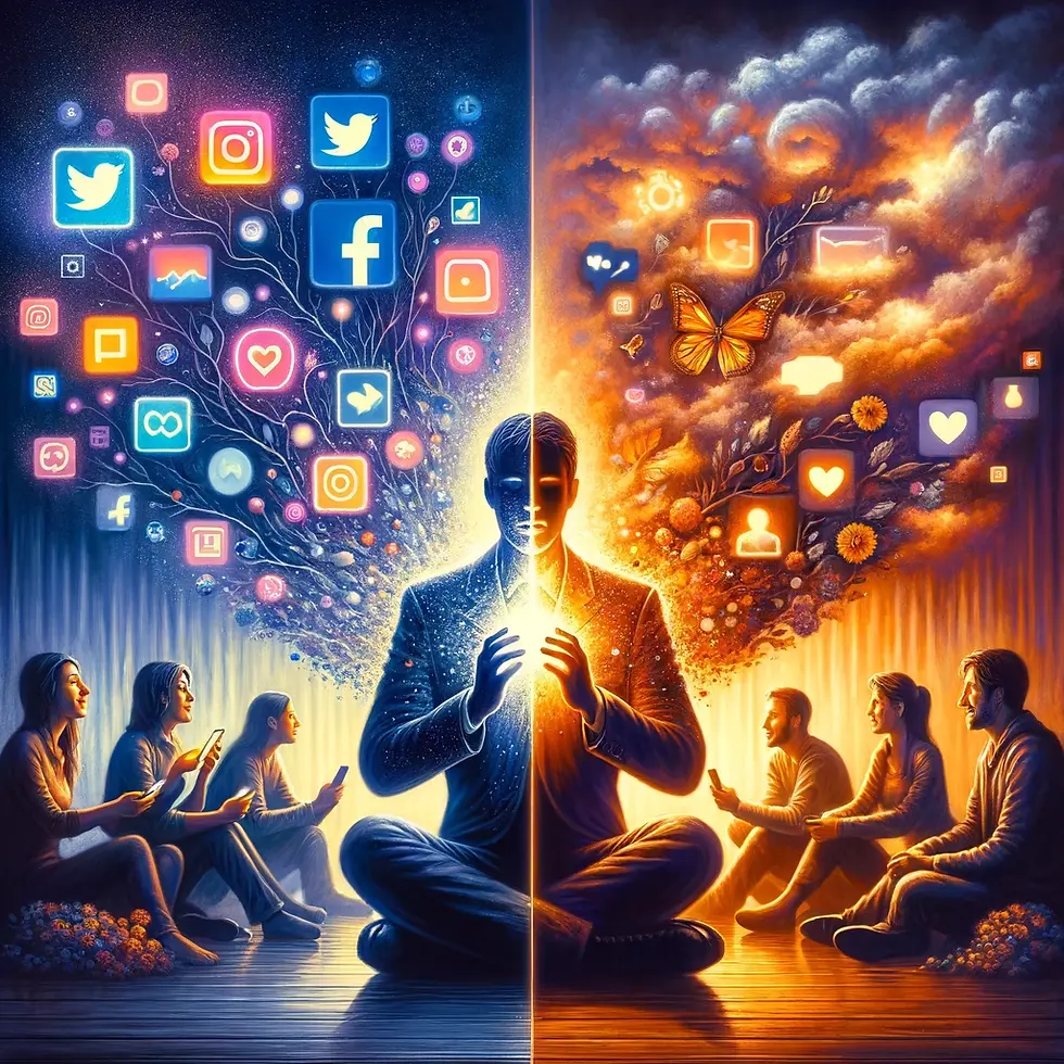 Imagem ilustrativa dividida para o artigo 'Impacto das Redes Sociais na Conexão Humana', mostrando uma figura central metade envolvida em telas de mídia social com símbolos digitais, e a outra metade em conversa calorosa com amigos, contrastando o impacto digital frio com a conexão humana calorosa e direta.