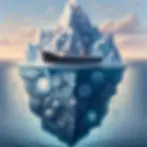 Ilustração detalhada da parte submersa de um iceberg, simbolizando a complexidade e profundidade da inteligência emocional, com áreas iluminadas representando aspectos como autoconsciência, regulação emocional e habilidades sociais, em águas cristalinas que simbolizam a clareza no entendimento da inteligência emocional.