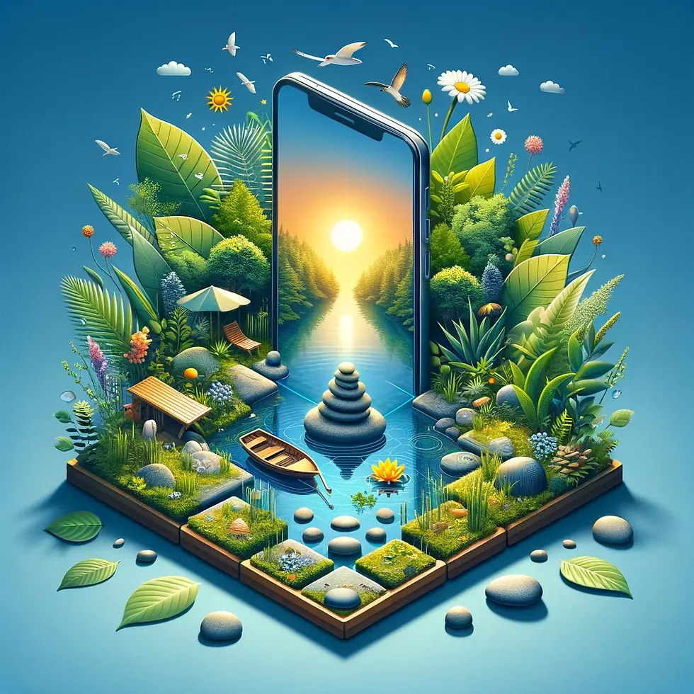 Imagem ilustrativa mostrando um smartphone exibindo uma cena serena da natureza em sua tela, rodeado por elementos naturais reais, simbolizando um equilíbrio saudável entre o uso da tecnologia e a interação com o mundo natural, promovendo o bem-estar digital.