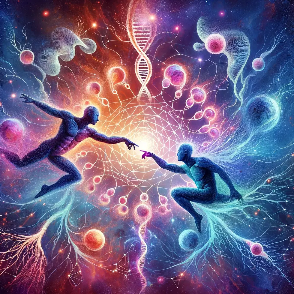 Imagem de capa para artigo sobre 'A Ciência por Trás das Conexões Humanas', mostrando silhuetas humanas com DNA e conexões neurais ao fundo, evocando a interação entre genética, neurologia e relações interpessoais, inspirada na 'Criação de Adão' de Michelangelo, com um toque de mistério cósmico.