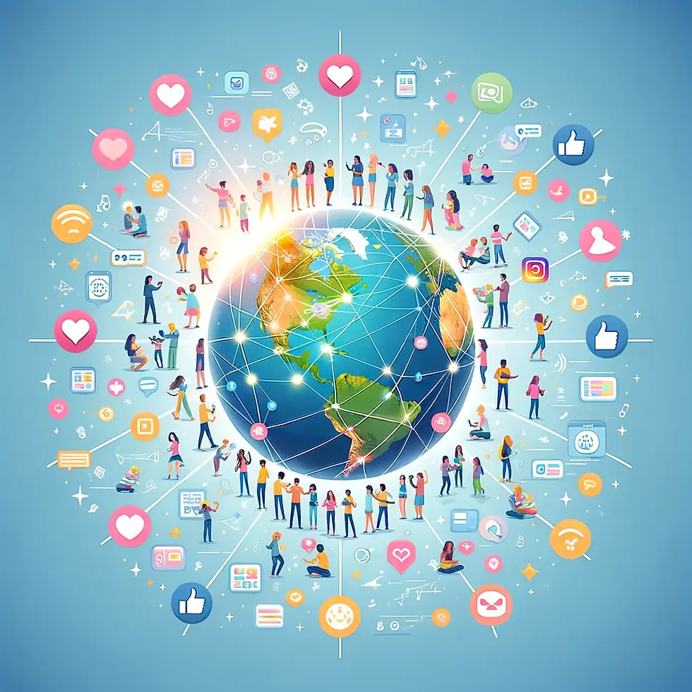 Imagem positiva mostrando um globo cercado por ícones de mídia social conectados por feixes de luz a pessoas ao redor do mundo, simbolizando a união, o compartilhamento de conhecimento e a inclusividade promovidos pelas redes sociais.