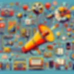 Diversas ferramentas de comunicação, incluindo um megafone, telefone antigo, balões de diálogo e um notebook, conectados por linhas de ondas sonoras, com pessoas utilizando essas ferramentas, destacando a comunicação efetiva como vibrante e acessível.