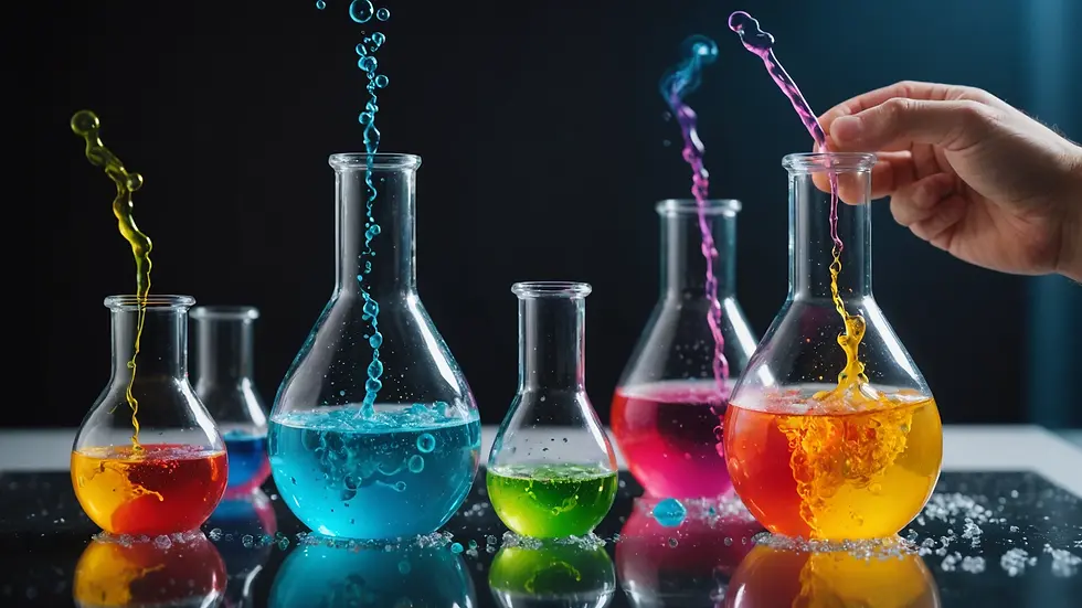 Eye-level view of a colorful science experiment with bubbling liquids