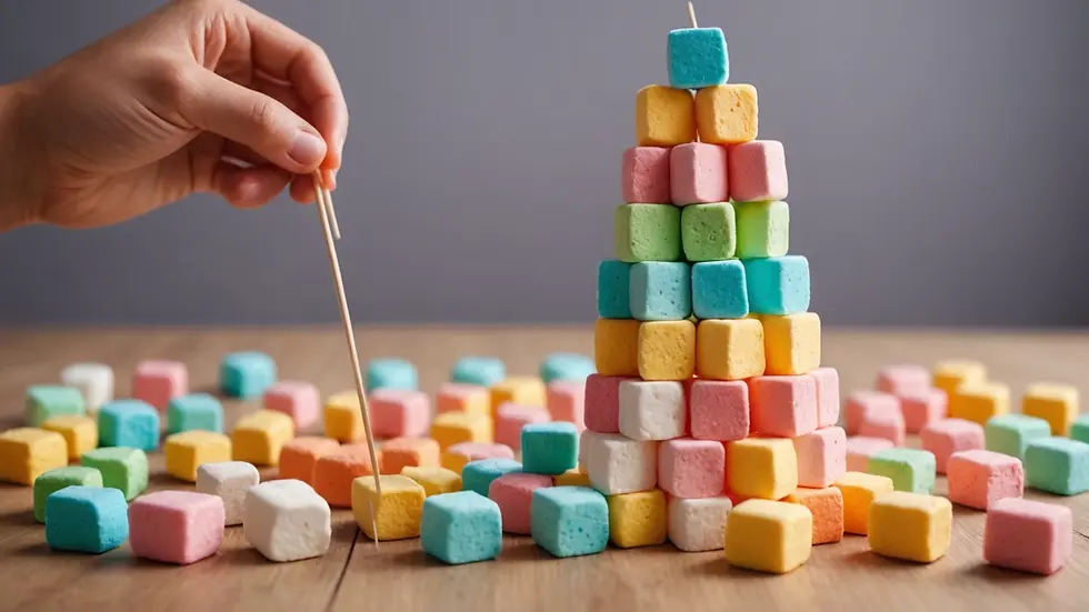 Close-up view of colorful marshmallows and toothpicks forming a tower