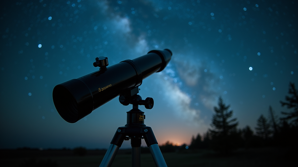 Eye-level view of a telescope pointed at the night sky filled with stars