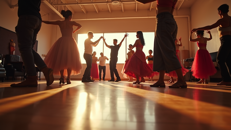 Eye-level view of a dance studio with Salsa Cubana class in session