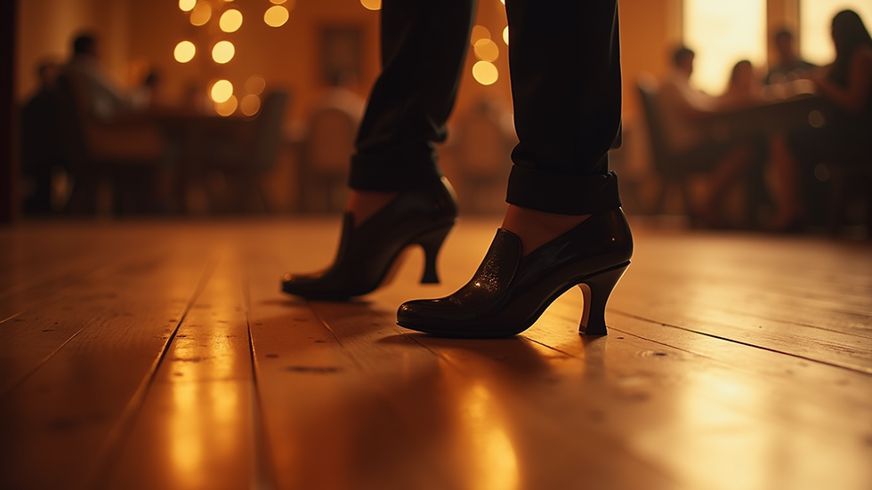 Close-up view of salsa shoes on a wooden dance floor