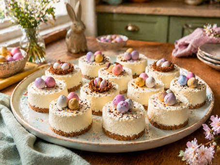No-bake Easter cheesecake bites on a pastel ceramic plate decorated with mini Easter eggs and sprinkles