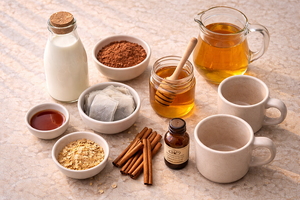 Ingredients for simple cozy drinks are arranged on a neutral kitchen counter