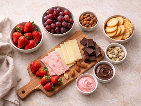 A cozy Valentine’s snack board for two with pink snacks and chocolate.