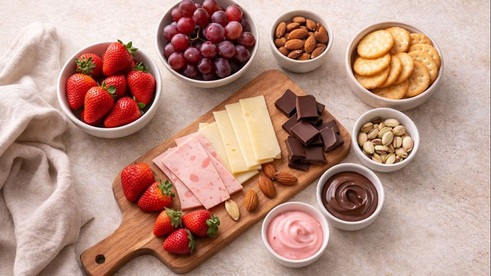 A cozy Valentine’s snack board for two with pink snacks and chocolate.