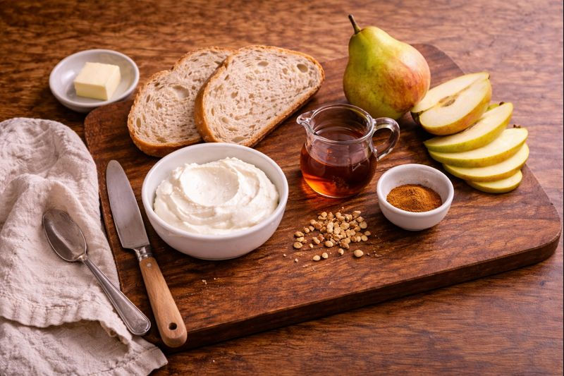 Top-down view of bread, pear, yogurt, cinnamon, and maple syrup arranged on a wooden board for cinnamon pear toast.