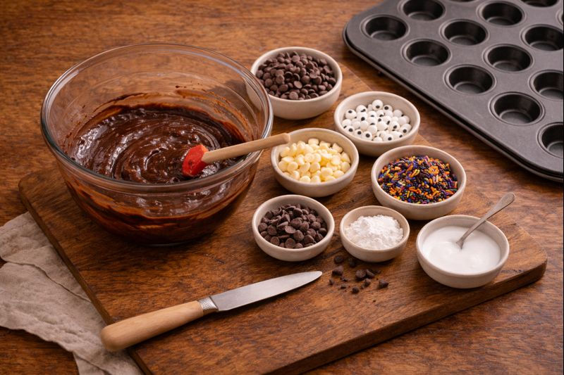 Overhead view of brownie batter, sprinkles, candy eyes, and a mini muffin pan arranged on a wooden counter for Halloween Brownie Bites.