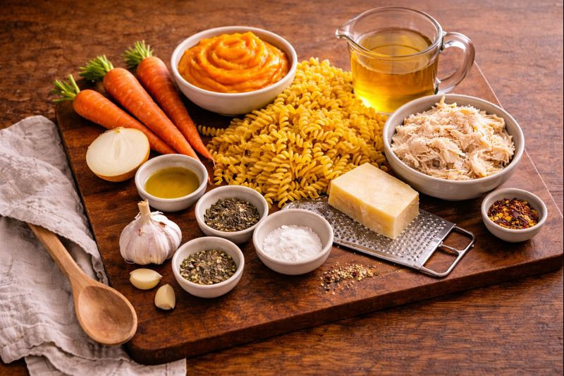 Overhead view of pasta, pumpkin, chicken, vegetables, and pantry ingredients arranged on a wooden board for cozy November recipes.