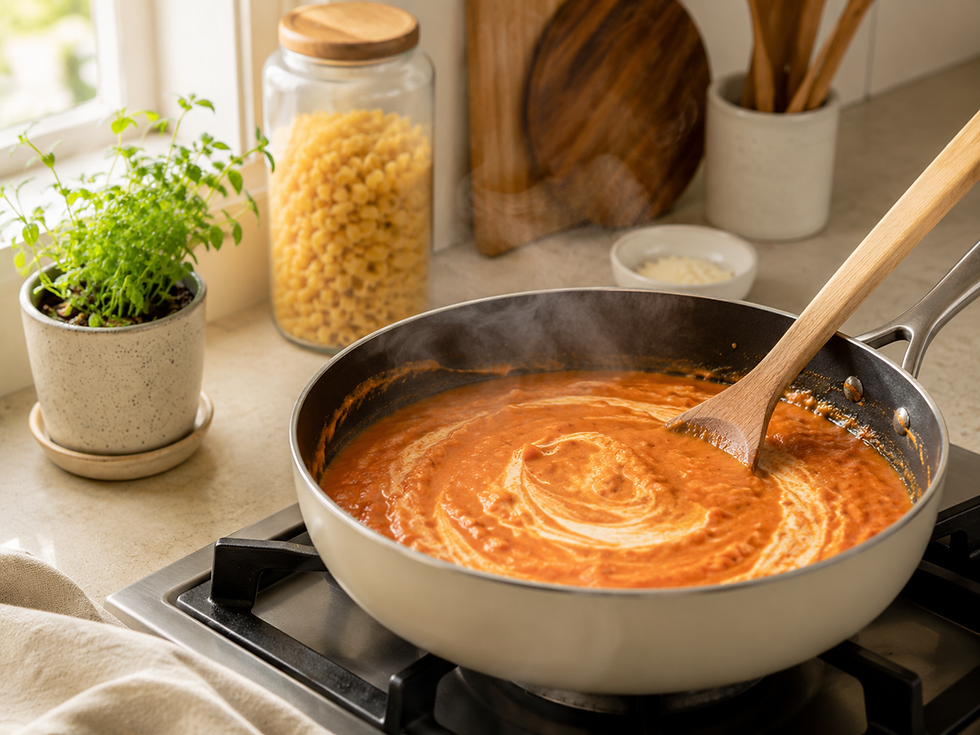 Creamy tomato sauce simmering in a pan for pantry pasta