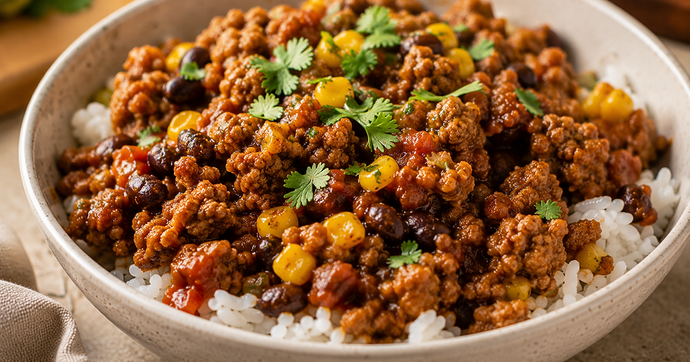 Close up of seasoned turkey taco meat over rice in a bowl with beans and corn.