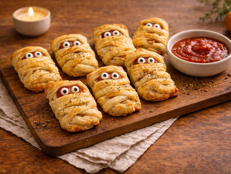 Golden puff pastry Spooky Mummy Puffs with eyes arranged on a wooden board with dipping sauce.