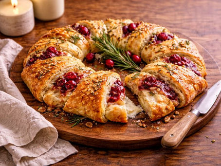Golden cranberry brie crescent wreath on a wooden board, garnished with herbs and cranberries, with one piece pulled away to show melty cheese.