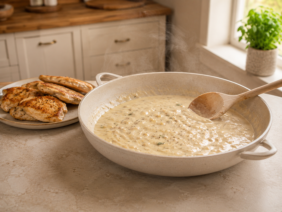 Creamy garlic parmesan sauce simmering in a skillet with golden chicken cutlets on the side