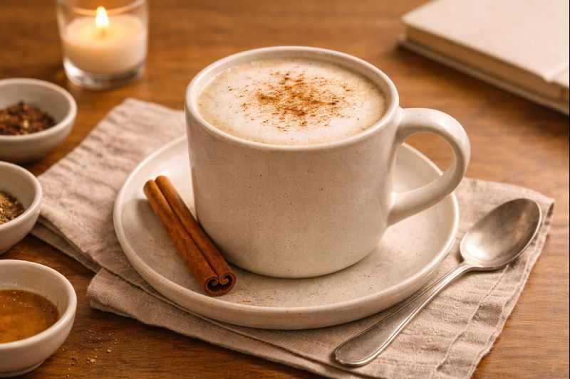 Cream ceramic mug of chai latte with cinnamon on top, on a wooden table with warm light.