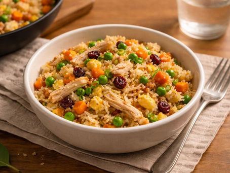 A white bowl of leftover chicken fried rice with vegetables on a wooden table.