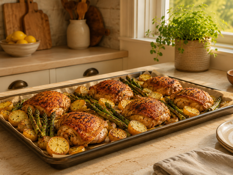 Sheet pan spring chicken with asparagus and roasted baby potatoes on a kitchen counter.
