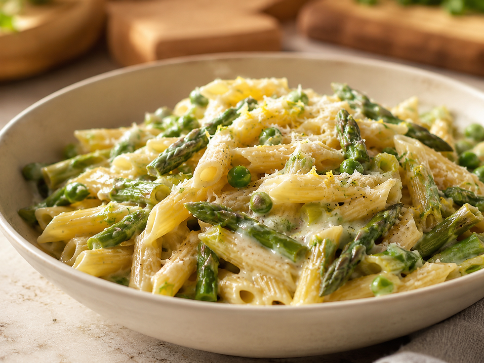Close up of spring pasta with asparagus, peas, lemon, and parmesan