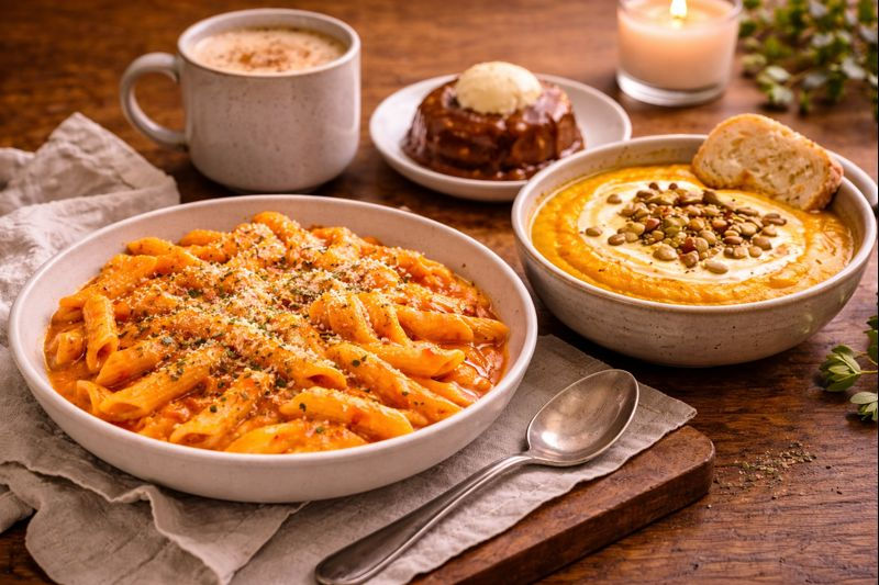 Cozy November meal spread with creamy pasta, pumpkin soup, and a warm drink on a wooden table in soft evening light.