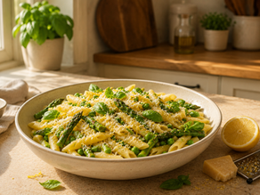 Bowl of easy spring pasta with asparagus, peas, lemon, and parmesan on a cozy kitchen counter