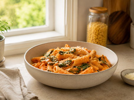 Creamy pantry pasta with spinach and tomato sauce in a bowl on a kitchen counter.