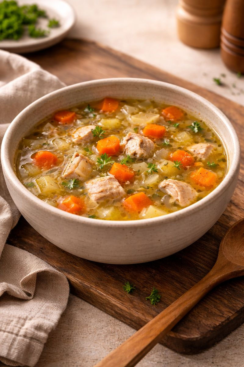 Warm homemade soup served in a ceramic bowl, ready to eat.