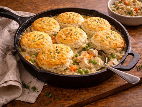 Cast-iron skillet of creamy one-pot chicken pie topped with golden biscuits on a wooden table with a linen napkin.