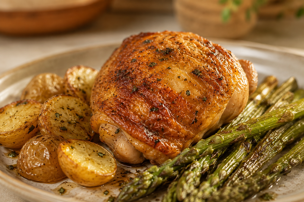 Close up of crispy golden sheet pan spring chicken with roasted asparagus and potatoes.
